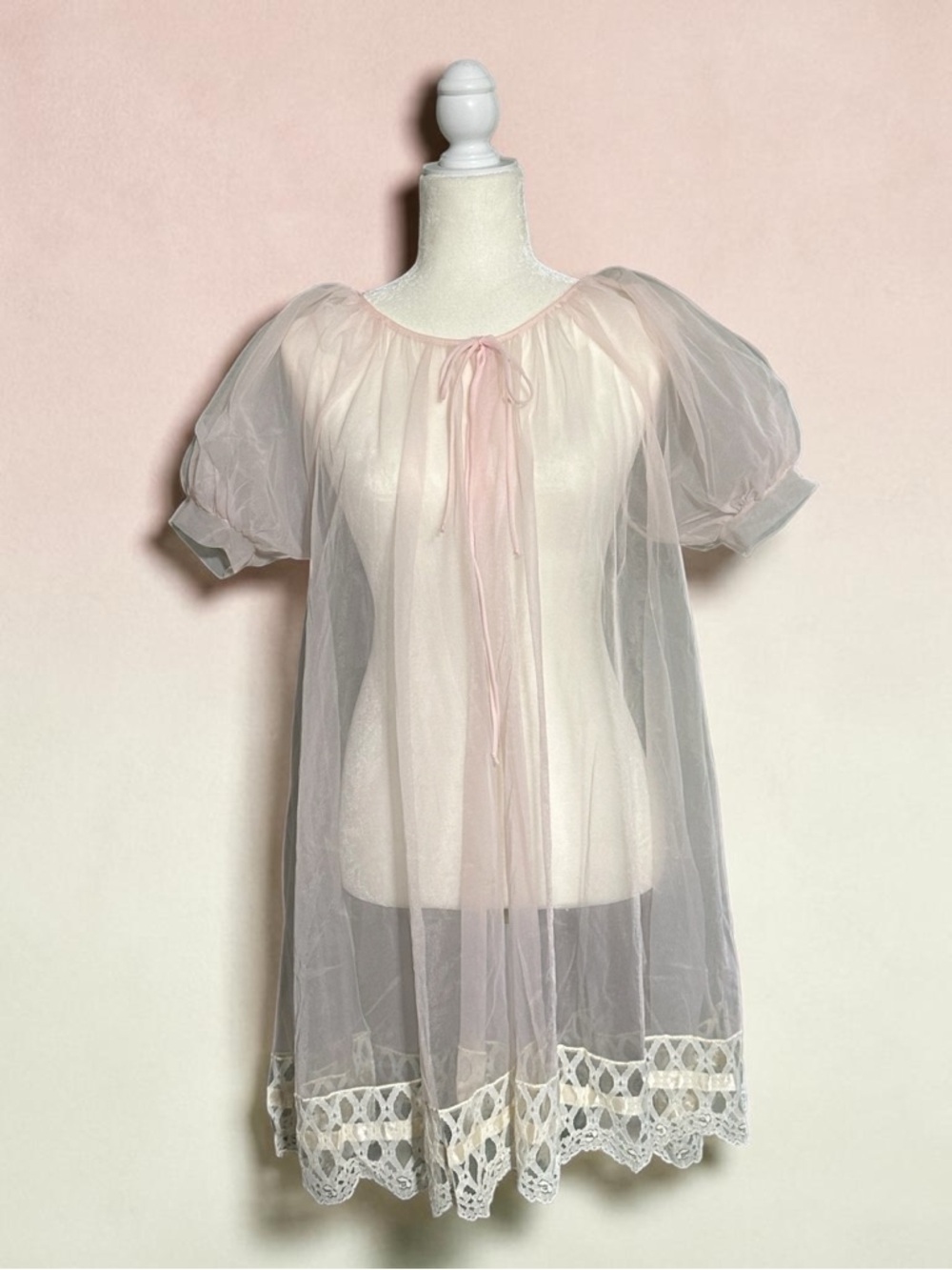Sheer Pink Lace-Trim Peignoir Chemise